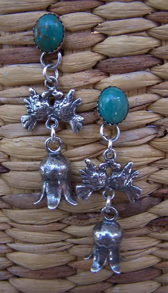 E187 "Sterling Doves with Turquoise and  Navajo Squash Blossoms"