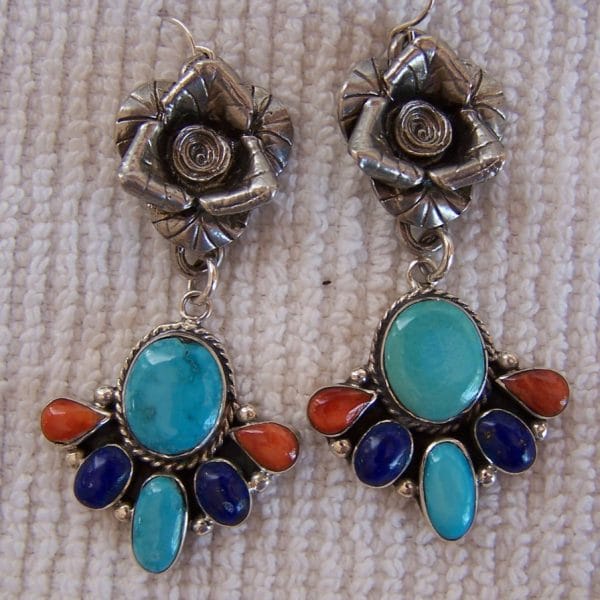 E268 "Sterling rose with Navajo coral, lapis and turquoise drop"