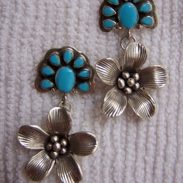 E273 "Navajo turquoise post with large sterling flower"